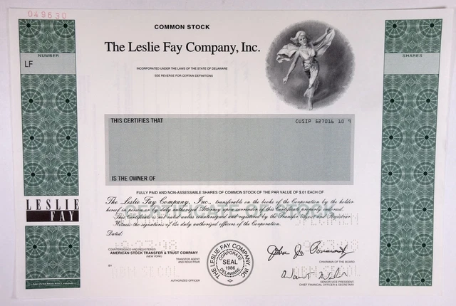 Leslie Fay Co. Inc., 1998 Specimen Stock Certificate, XF ABNC