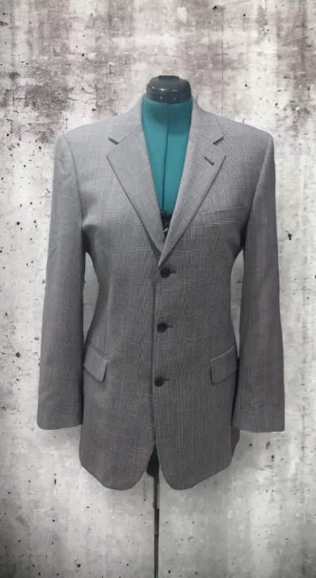 Jos A Bank Men's Sports  Coat Collection 40L Gray Blue Plaid 100% Wool Blazer