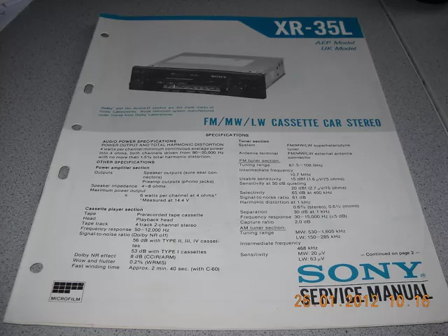 SONY XR-35L FM/MW/LW Cassette Car Stereo Service Manual
