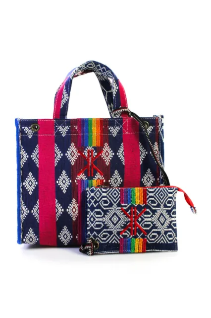 Ikkim'o Womens Pasar Large Rainbow Embroidery Canvas Tote Handbag Blue Magenta