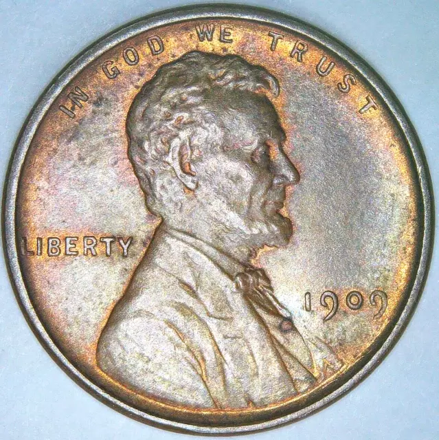 1909 VDB Lincoln Wheat Cent, Penny, Sharp High Grade, Toned, Struck Through