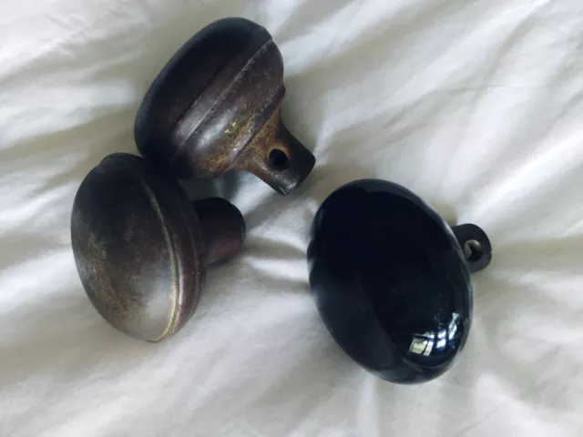 Lot of 3 Original Vintage Antique Door Knobs; 2 Brass & 1 Black Porcelain