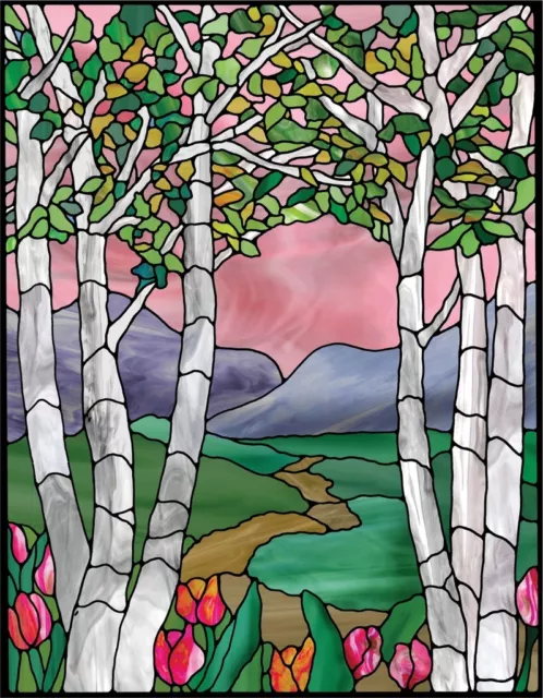Faux stained glass window cling flowers mountains trees valley sunblock privacy