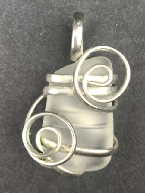 Wire Wrapped White Sea Glass Pendant Hand Made Beautiful
