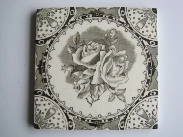 ANTIQUE VICTORIAN GREY / BLACK FLORAL WALL TILE PAT. No.309 - CORN? C1893