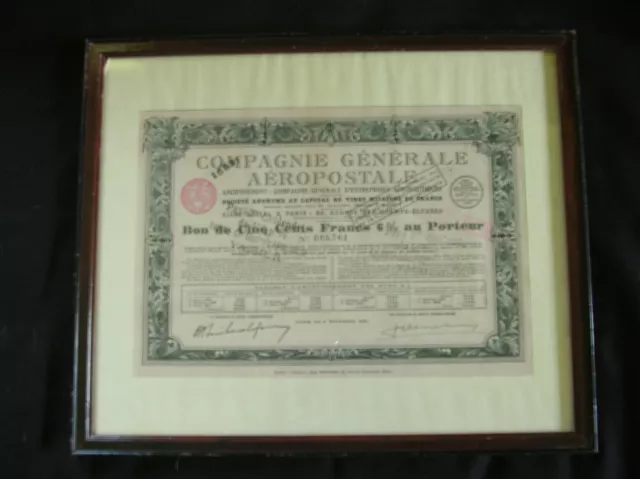 Action Cie Generale Aeropostale   Bon De 500 Francs   Encadree Sous Verre 1928