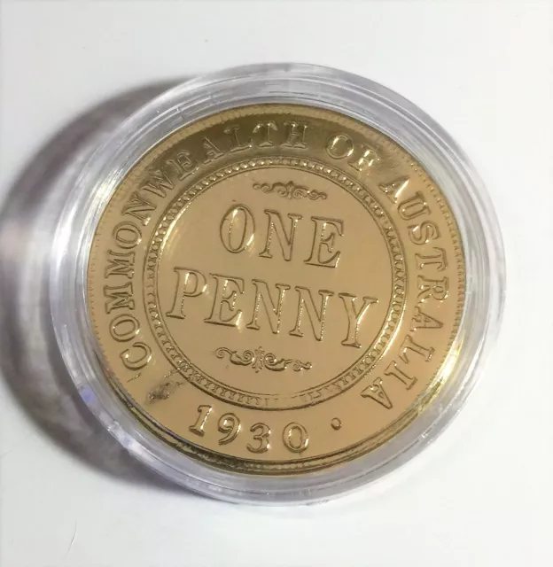 1930 Australian Fantasy Penny Coin 999 24k Gold Plated in Acrylic Capsule. KG V1 2