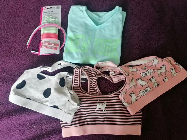 Girls Age 5-6 Bundle, 3 Cropped Vest Tops, Long Sleeved Top, Assorted Hair items
