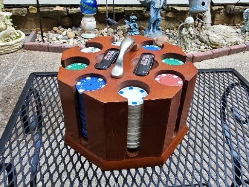 Wooden Poker Carousel ~ 6 Bay Poker Chip Holder W/ Handle ~ Chips + 2 Card Decks