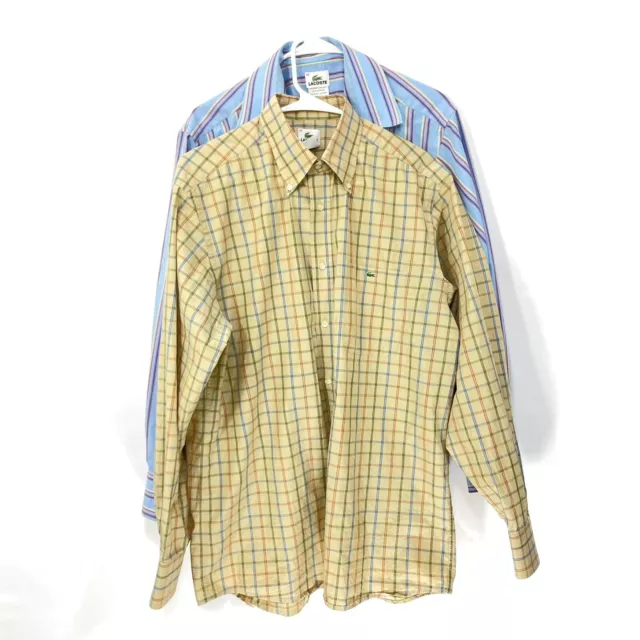 Lot of 2 Lacoste Mens Sz 42 Button Up Collared Dress Shirts Cotton Striped/Plaid