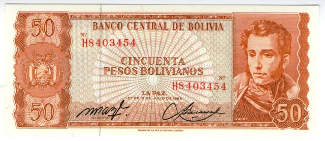 **   BOLIVIE     50  pesos  bolivianos   1962   p-162a.20    UNC   **