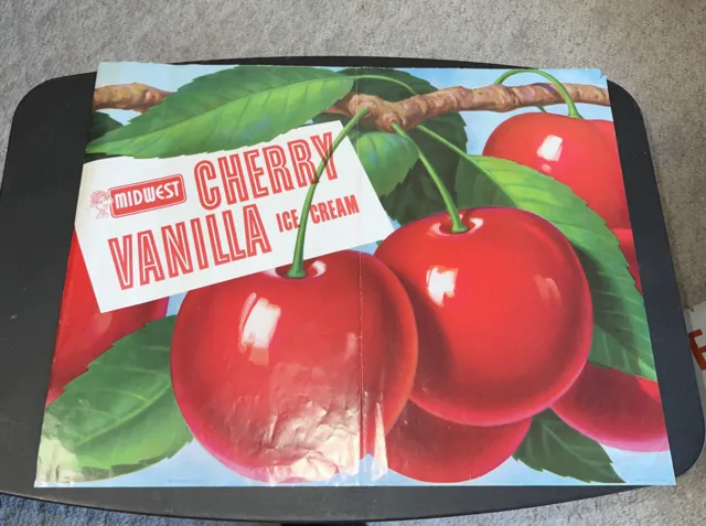 Vintage Paper Grocery Store Window Sign Midwest Dairy Cherry Vanilla Ice Cream