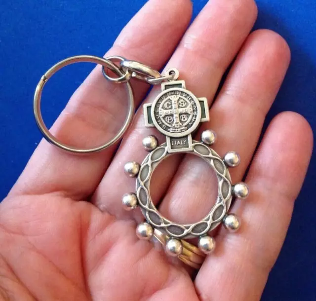 St BENEDICT ROSARY KEYCHAIN Medal Protection Saint Metal Key Ring ITALY