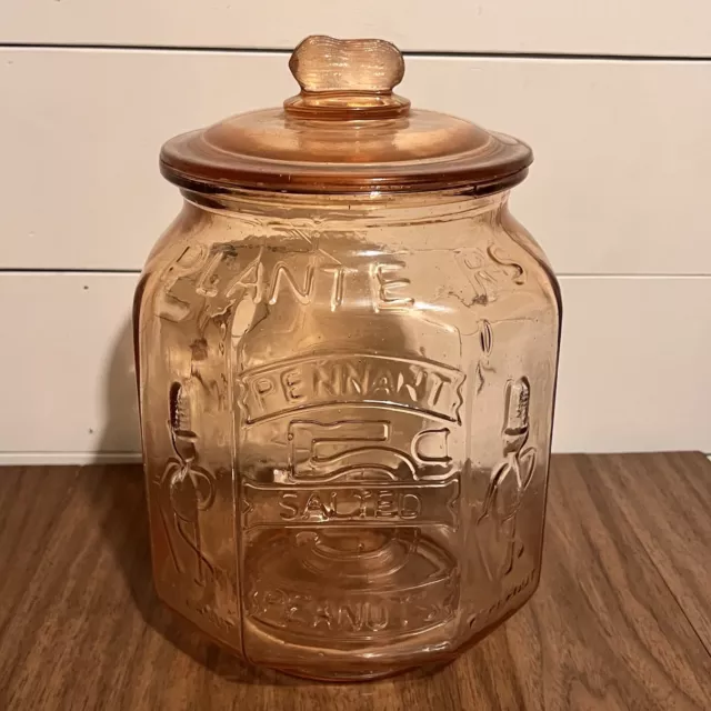 Planters Mr Peanut Pink Depression Glass Pennant 5₵ Salted Jar 12" Tall Octagon