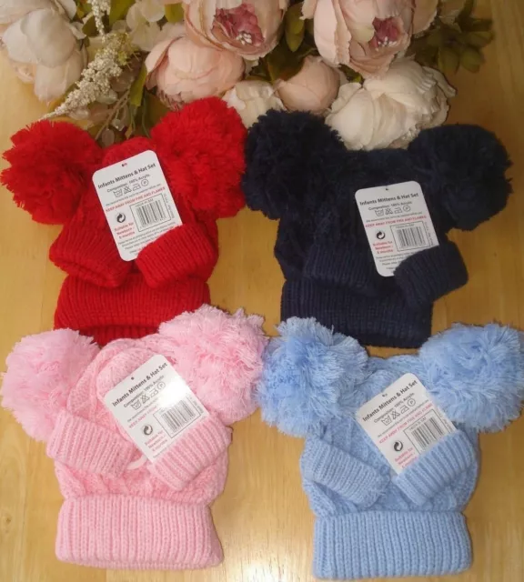 Baby Knitted Warm Hat Mitts Set Boy Girl 2 Pom Pom Pink Blue Navy Red NB 0 3m