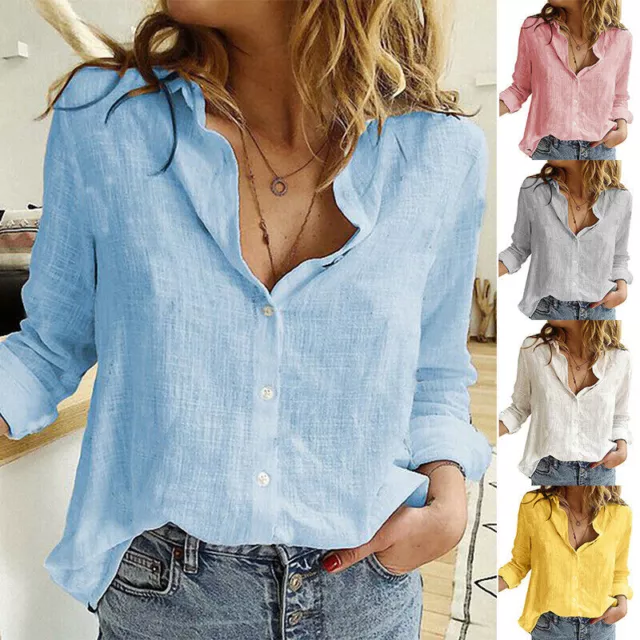 Womens Cotton Casual T-Shirt Linen Plain Blouse TopsLadies Baggy Long Sleeve