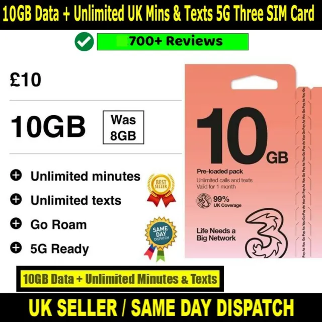 10GB DATA + Unlimited UK Minutes & Texts 5G Three Supercharged Activated SIM