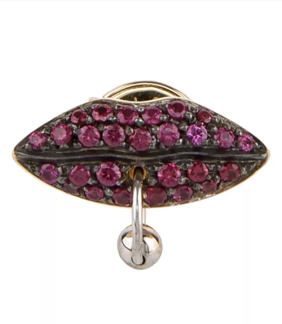 NIB Delfina Delettrez 18K Gold Ruby Pave Pierced Lips Single Stud Earring $1,278