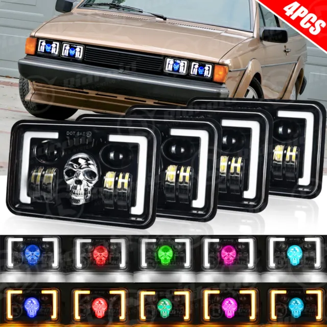 4pcs 4x6" RGB Skull LED Headlights w/ Halo DRL for Volkswagen Scirocco 1982-1989