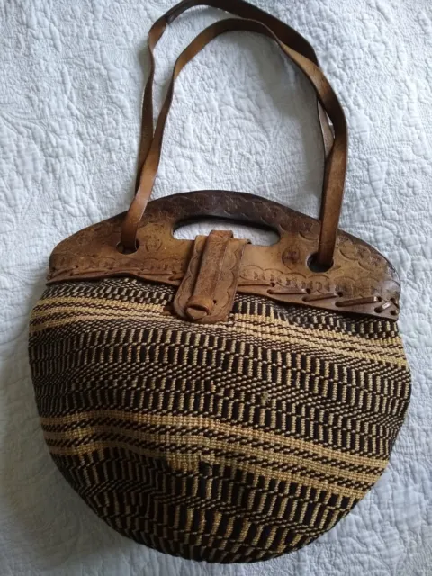 Vintage Artisan Handmade Shoulder Bag.  Woven Hessian - Hand tooled Hide