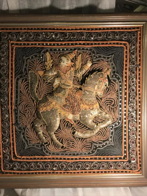 THAI BURMESE KALAGA Framed Wall Hanging Tapestry Needlework Sequin APPLIQUÉ VTG2