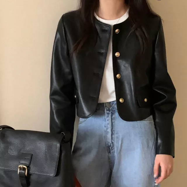 Lady Korean Style Single Breasted PU Leather Coats Short Round Neck Biker Jacket 2