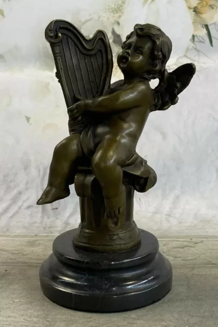 Art Nouveau Hot Cast Cherub Baby Angel Musician Music Player Bronze Sculpture NR