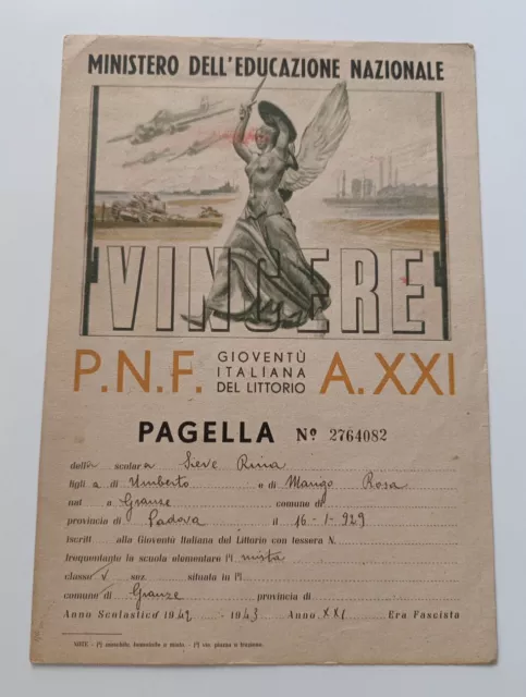 Pagella pnf gioventu italiana littorio 1942 1943 xxi anno padova scuola granze