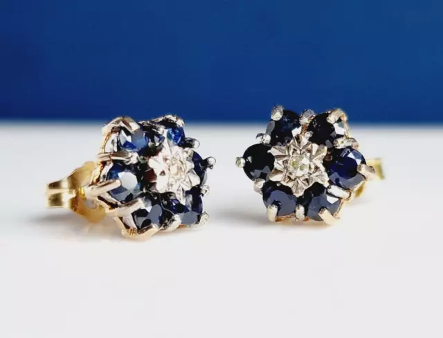 Sapphire & Diamond Flower Stud Earrings - 9ct Yellow Gold