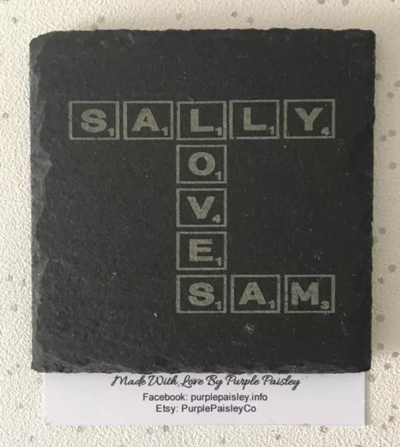 Personalised Scrabble Message Engraved Slate Coaster - Names or Any Message