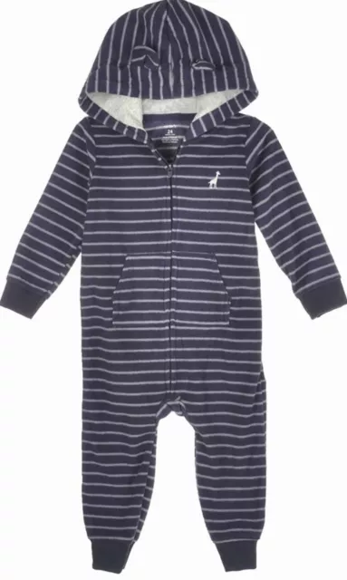 9 Month Carter's Blue Striped, Hooded, Fleece, Zip Up Pants Jumpsuit