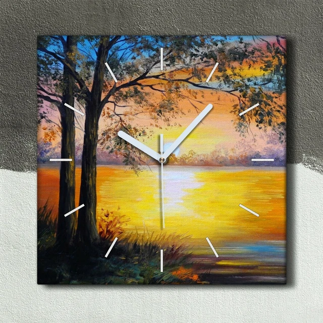 Horloge Murale Sur Toile Coloray 30x30 | Coucher De Soleil Mer Et Vagues, Peinture