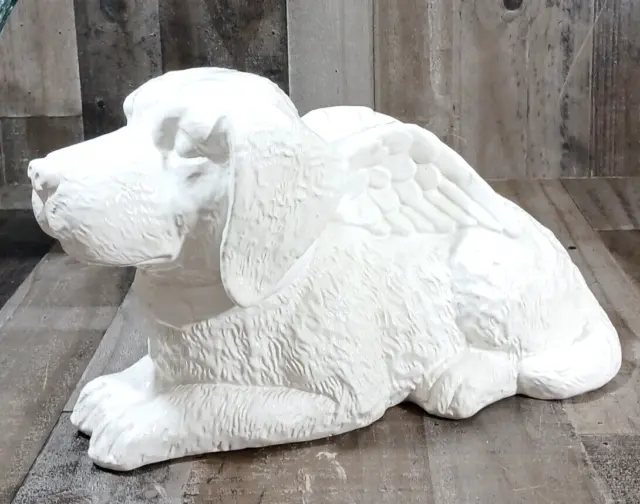 LARGE 15×9x8 LAYING PUPPY DOG GUARDIAN ANGEL STATUE SCULPTURE WHITE CERAMIC 2
