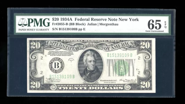 DBR 1934-A $20 FRN New York Gem Fr. 2055-B PMG 65 EPQ Serial B15139109B