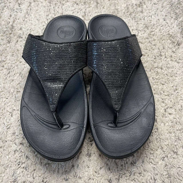 Fitflop Womens Lulu Black Thong Wedge Sandal Leather Size 8 Shimmer 2
