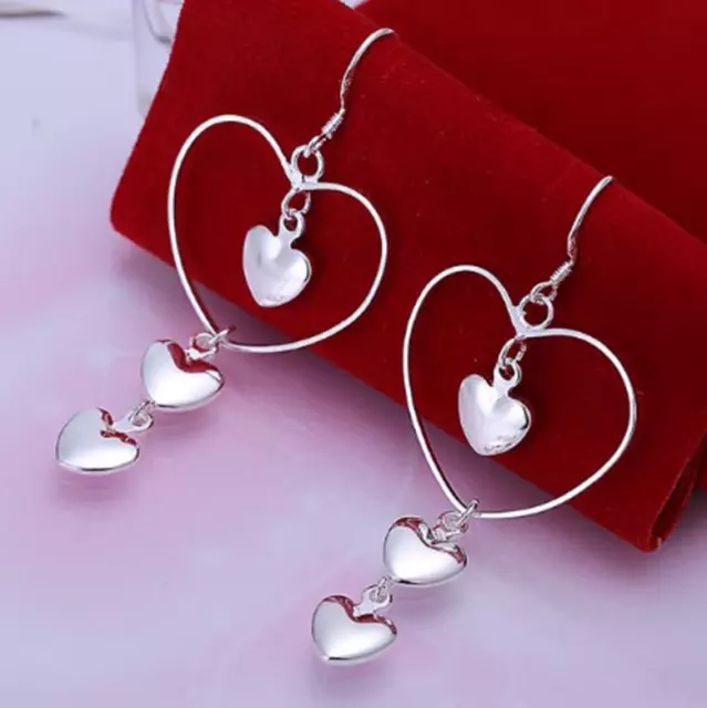 Womens 925 Sterling Silver Long Love Heart Drop Dangle Fashion Earrings #E83