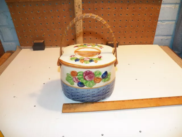 Vintage Handpainted Cookie Biscuit Jar, Berry Design Wicker Handle Made in Japan