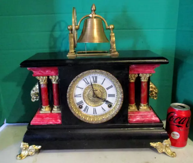 Antique E. Ingraham Mantle Clock w/RingingTop Bell, Four Columns. RUNS