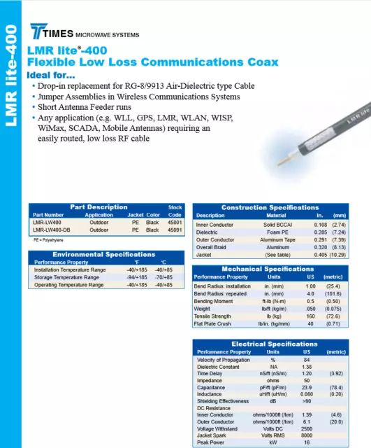 LMR-400 LW Times Microwave Coaxial Cable Assembly N Type male Connectors LMR 3