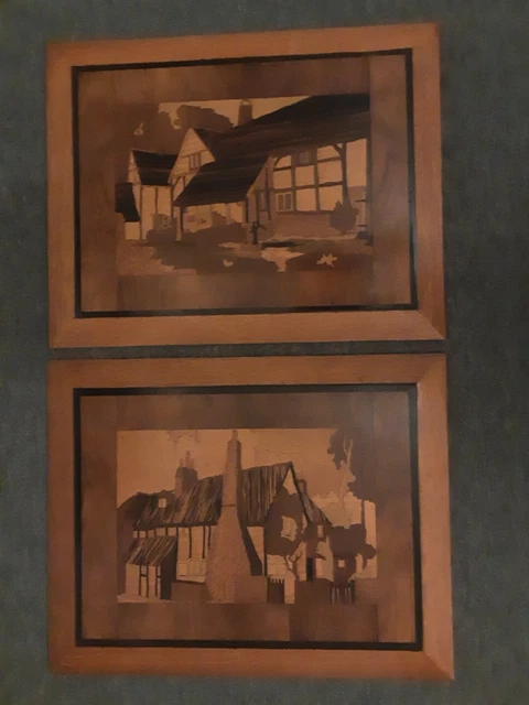 Pair Mid Century Marquetry Pictures / Panels  Mixed Wood Houses 19"x15"