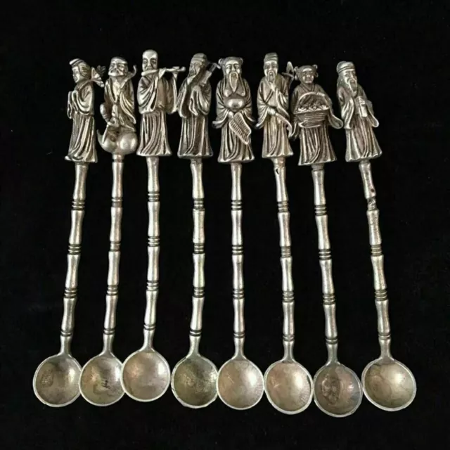 Old Chinese Tibet silver Handmade carved eight immortals Buddha Statue Spoon