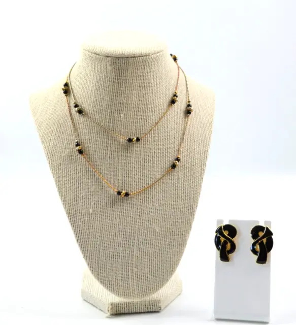 Vtg Necklace & Earrings Small Black Beads on Necklace Black Enamel Knot Earrings