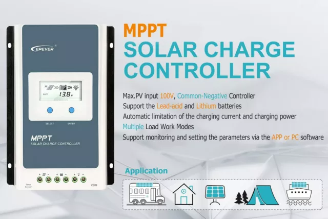 EPEVER 40A MPPT 12V/24V Solar Panel Charge Controller Regulator Auto LCD Battery 2