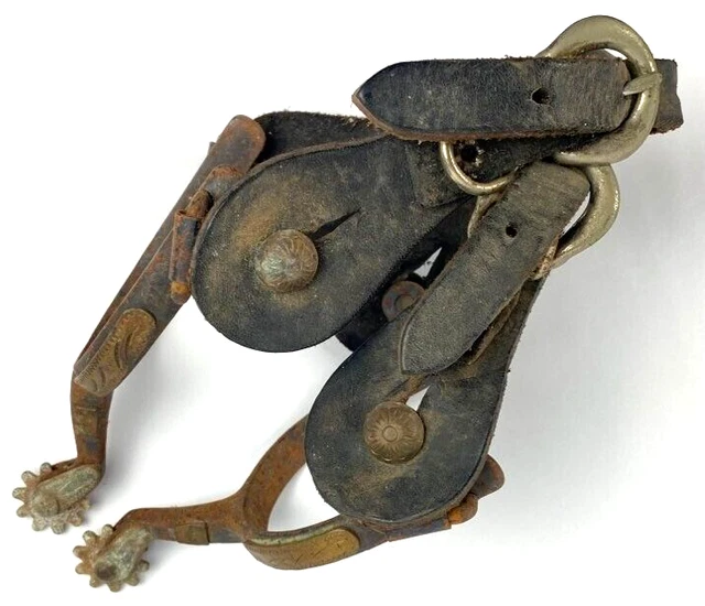 Pair Western Cowboy? Spurs 10 Point With Leather Straps Brass Embellishment VTG