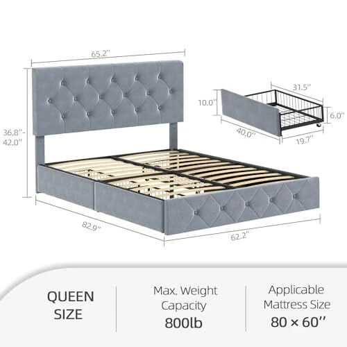 SIZE BED FRAME Platform with 4 Storage Drawers, Queen Light Grey,velvet