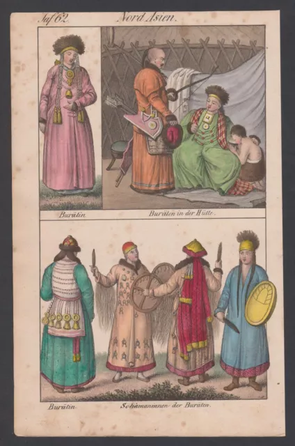 1830 - Burätin Hütte Schamaninnen Trachten costumes Lithographie lithograph