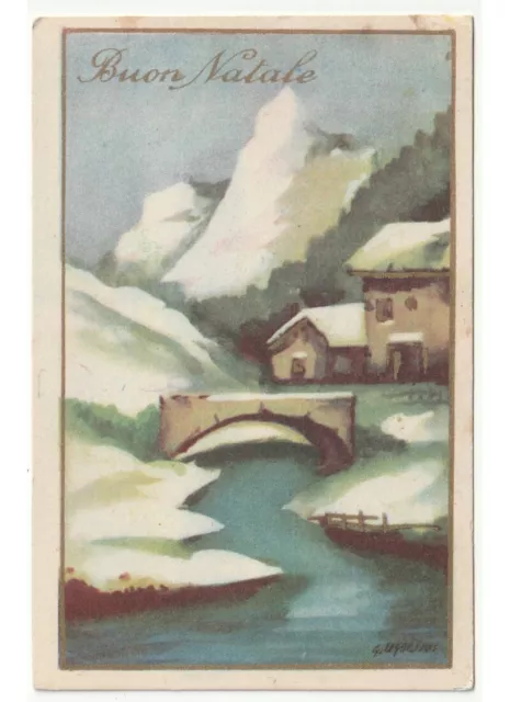 G. Ugolini Natale cartolina d'epoca paesaggio di montagna fiume ponte case