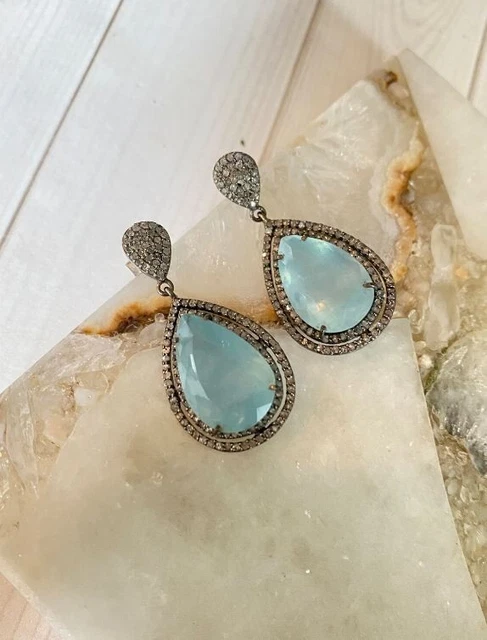Aquamarine Gemstone Earring Natural Pave Diamond 925 Sterling Silver Earring