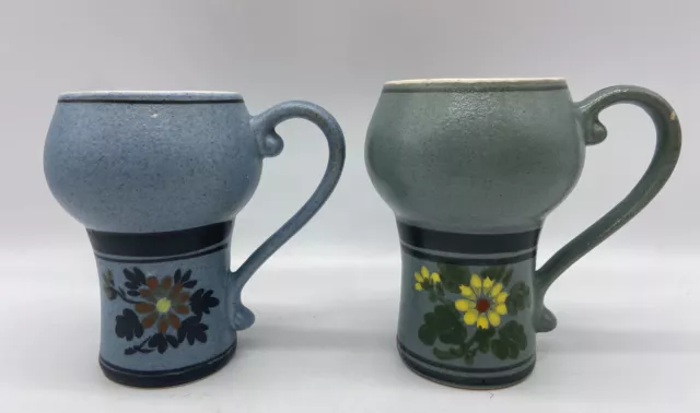 Vintage Mid Century Pottery Pedestal Coffee Tea Mugs PAIR Green Blue Floral