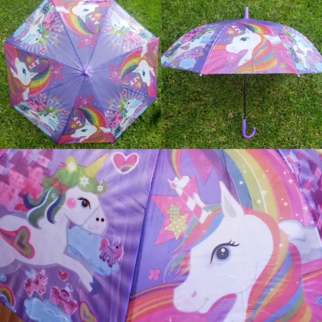 Automatic Open Kids Purple Rainbow Unicorn Rain Umbrella *Kids Girls Toddlers*